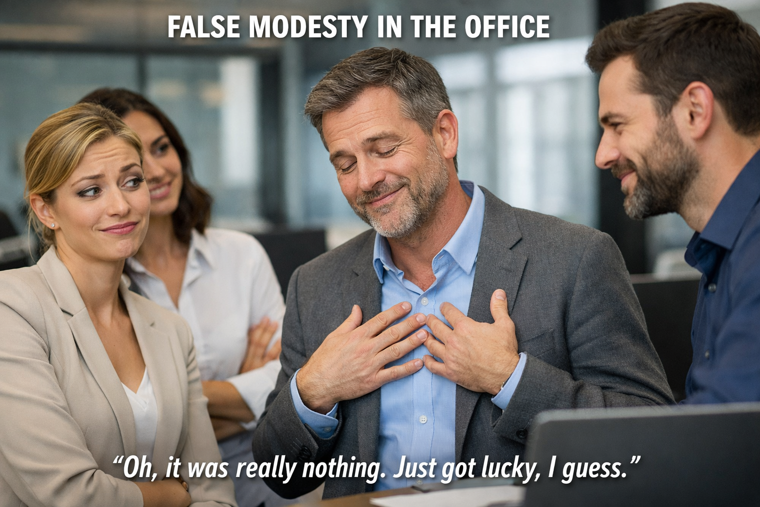 Manager durante una riunione aziendale osserva il team: immagine sul tema della falsa umiltà sul lavoro, leadership e fiducia organizzativa. Manager durante una riunione aziendale osserva il team: immagine sul tema della falsa umiltà sul lavoro, leadership e fiducia organizzativa.