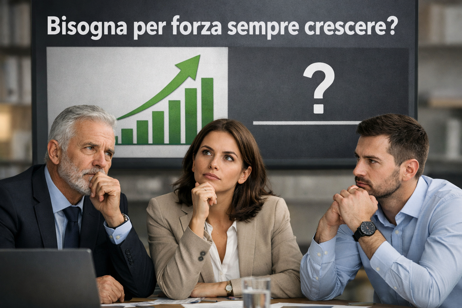 Imprenditore in pausa riflessiva davanti alla scrivania, simbolo del dubbio tra crescita continua, equilibrio professionale e autenticità nel lavoro
