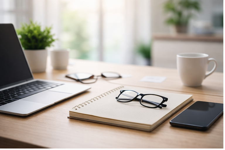Scrivania da ufficio con laptop, quaderno, occhiali e tazza per la pagina contatti di Marino Avanzo
