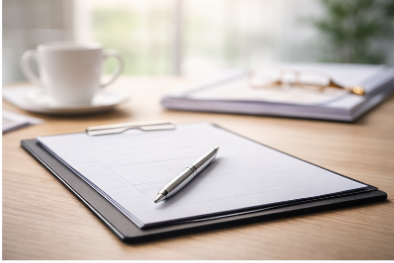 Cartellina con fogli e penna su scrivania luminosa per la sezione recapiti professionali