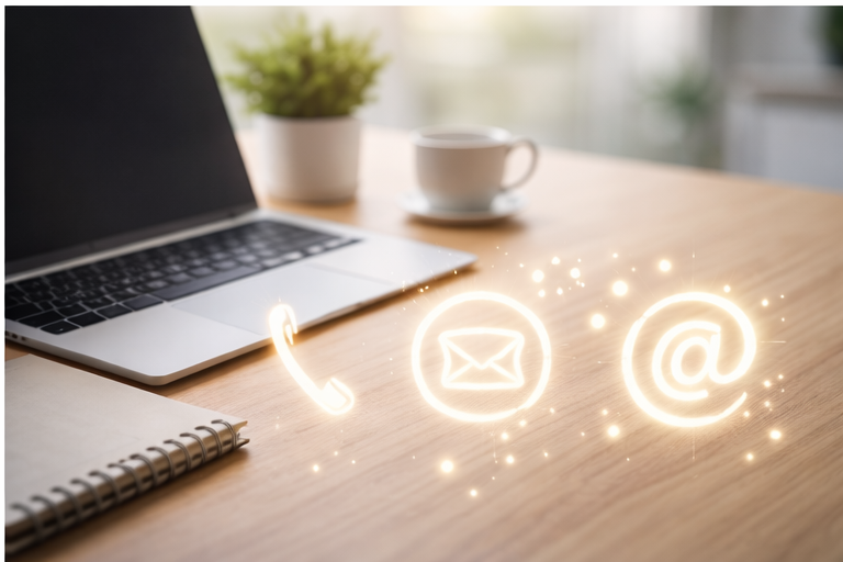 Laptop su scrivania con icone luminose di telefono email e contatto digitale